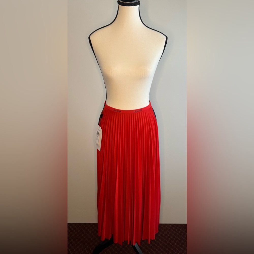 Lacoste Women's Colorblock Pleated Long Skirt, Redcurrant Bush/SCILLE, M (NWT)